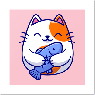 Cute Cat Holding Fish Cartoon Posters and Art